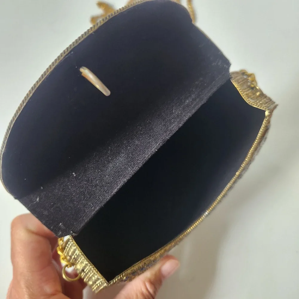 Vintage Handmade Brass Mother of Pearl Mosaic Crossbody Clutch Purse Bohemian